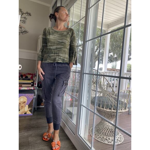 CURRENT ELLIOTT THE RUFFLE 3/4 SLEEVE SWEATSHIRT TOP CAMO Cotton 1 (M) - Picture 2 of 6